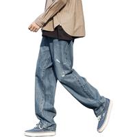 唐狮破洞牛仔裤男破洞字母绣花宽松直筒牛仔长裤破洞牛仔裤男直筒