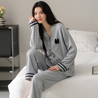 睡衣女士春秋季V领纯棉长袖大码休闲套装女款全棉家居服