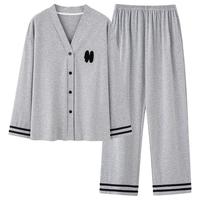 睡衣女士春秋季V领纯棉长袖大码休闲套装女款全棉家居服