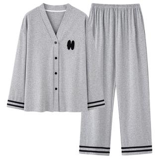 睡衣女士春秋季V领纯棉长袖大码休闲套装女款全棉家居服