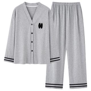 睡衣女士春秋季V领纯棉长袖大码休闲套装女款全棉家居服