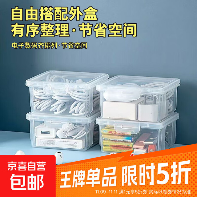 京喜自营-专用品牌 电脑桌面收纳盒数据线收纳桌面整理办公收纳透明塑料盒 数码收纳盒3个装（11.5*8.5*2.8cm）