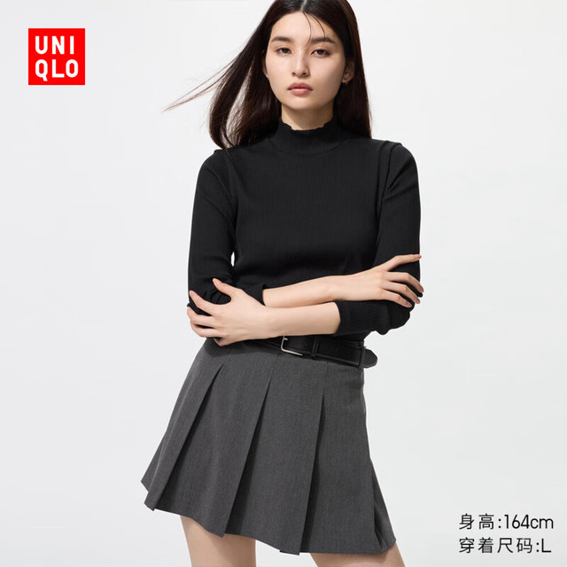 PLUS会员：UNIQLO 优衣库 女装罗纹高领T恤长袖479588 09 黑色 M /160/84A