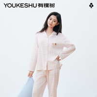 有棵树 YOUKESHU女士睡衣女纯棉7A抗菌防蚊防螨卡通刺绣长袖家居服女 克莱因蓝白格 L