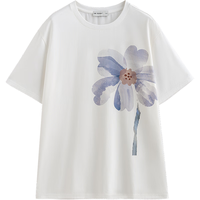 初语百合花T恤女2025夏季莱赛尔棉质圆领休闲宽松短袖上衣 米白色 L