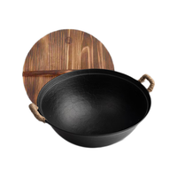 王源吉 铁锅炒锅双耳老式家用圆底无涂层纯手工不粘炒菜锅36cm 苏锅+杉木盖 36cm