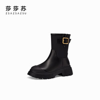莎莎苏[约克]秋新款中筒厚底拼色马丁靴女夏瘦瘦靴棕色西部靴