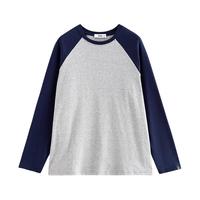初语美式复古磨毛长袖t恤女2024秋季撞色插肩袖宽松显瘦上衣 宝蓝-花灰 S