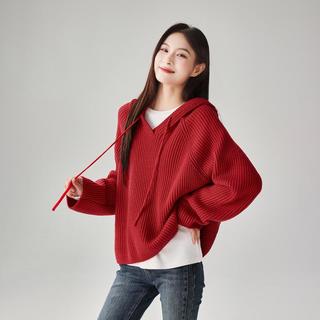 索菲丝尔 坑条插肩袖连帽长袖针织衫毛衣女冬季加厚宽松休闲毛衣