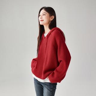 索菲丝尔 坑条插肩袖连帽长袖针织衫毛衣女冬季加厚宽松休闲毛衣