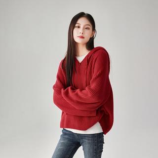 索菲丝尔 坑条插肩袖连帽长袖针织衫毛衣女冬季加厚宽松休闲毛衣