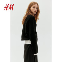 H&M秋季女装细密针织V领套衫1262846 黑色