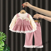 格素凡 女童春秋套装2025新款儿童装女孩衣服休闲裤三件套宝宝公主吊带裙 粉色 90