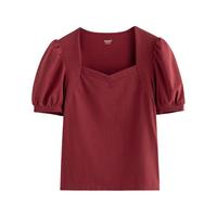 茵曼法式棉质女装方领短袖t恤夏季修身小个子衬衣上衣 大红色新 XL 大红色-新