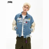 【F426店】国潮牌美式复古街头徽章刺绣仿pu拼接棒球外套