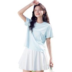 班尼路 短袖t恤女装正肩凉感夏季上衣服小个子女生潮流纯色宽松半袖 浅蓝#纯色  S