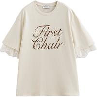 初语立体字母圆领T恤女2025夏季拼接蕾丝短袖宽松棉质上衣 奶白色 L