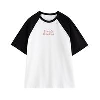 初语美式撞色插肩袖字母T恤女2025年夏季纯棉上衣 黑-白-单纯 L