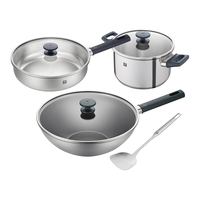 双立人（ZWILLING）有钛无涂层炒锅外壁抗黄不锈钢炒菜锅免开锅通用SILVER银光钛系列 钛炒锅+煎锅+汤锅+锅铲4件套 20cm