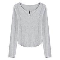 秋水伊人时尚打底设计感T恤2025年秋季短款木耳边长袖上衣女 灰色 S