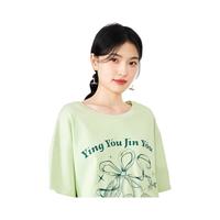 秋水伊人美式复古重磅纯棉T恤夏季女装经典圆领甜美上衣 水绿 M