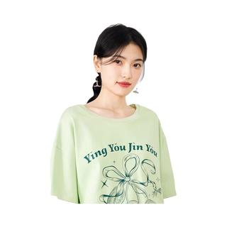 秋水伊人美式复古重磅纯棉T恤夏季女装经典圆领甜美上衣 水绿 M