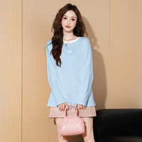 唐狮春秋长袖T恤女宽松圆领净色纯棉百搭白色打底衫上衣ttu 宁静蓝/C款 L