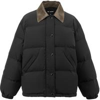 初语羽绒服女2025冬季新款巴恩风拼接皮质翻领90白鸭绒保暖外套 橄榄绿 S