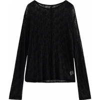 初语镂空蕾丝透视氛围感长袖T恤2025秋新款性感宽松外搭罩衫上衣 黑色 M