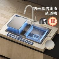 摩恩 水槽大单槽水槽套装 双导轨纯手工纳米陨石压纹枪水槽灰76+防指纹龙头