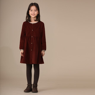 哈齿哈齿童装秋冬新品女童儿童亲子圆领碎花包边纯棉灯芯绒加绒连衣裙 枣红色现货 150cm