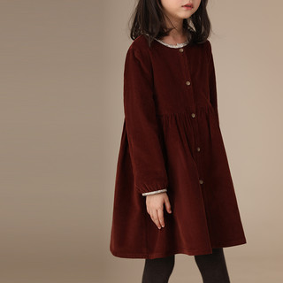 哈齿哈齿童装秋冬新品女童儿童亲子圆领碎花包边纯棉灯芯绒加绒连衣裙 枣红色现货 150cm