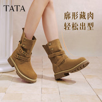 他她（TATA）西部靴女秋季套筒大黄靴子堆堆靴时装中筒靴短靴CF501DZ5 黄棕 41