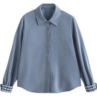 初语衬衫2025秋季可露丽风磨毛拼接格纹复古衬衣百搭上衣 雾霾蓝 M