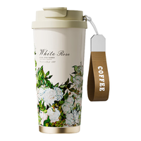 天喜保温杯女生高颜值陶瓷内胆咖啡杯子随行杯吸管水杯便携办公水杯 白玫瑰 500ml 升级陶瓷控温