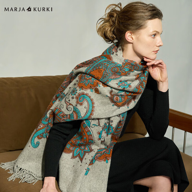 玛丽亚古琦 MARJA KURKI 玛丽亚.古琦（MARJA KURKI）羊毛围巾 双面印花两用保暖披肩围巾女 礼盒装 温暖的复古范1CC582840 橘/灰