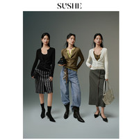 束皙束皙SUSHE 泊暖 松弛感 定染多色蚕丝棉圆领打底长袖针织开衫 息羽黑