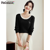 品彩 女士针织衫 蝴蝶结刺绣修身打底毛衣 P143Z3009