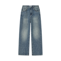 H's高腰直筒牛仔裤女秋新品时髦水洗破坏蓝色裤子 牛仔蓝