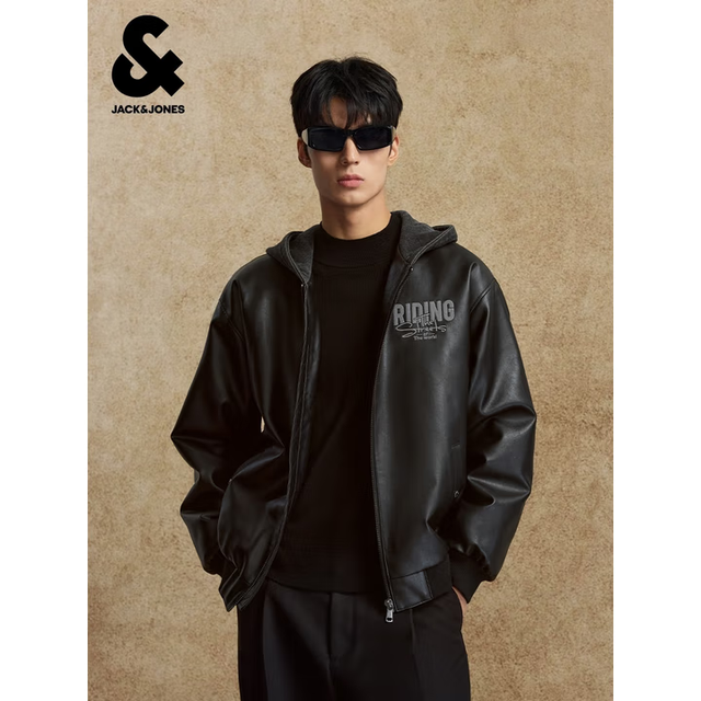 JACK&JONES 杰克琼斯 秋冬季重磅PU连帽棉服夹克 黑色E40