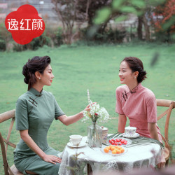 逸紅顔 E.Beauty 东方简奢风书卷风长款女夏季绿粉色小清新复古改良版 绿色短袖110cm衣长（现货） S