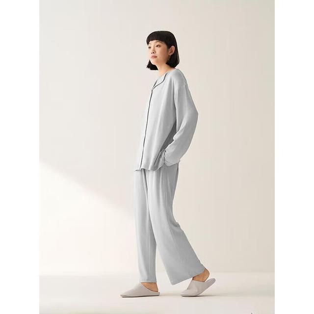 PLUS会员、今日必买：MUJI 无印良品（MUJI）女式 柔软针织 前开睡衣套装 烟熏蓝色 S-M