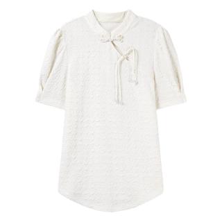 秋水伊人新中式泡泡袖短袖T恤夏女复古国潮盘扣斜襟上衣 米白 M