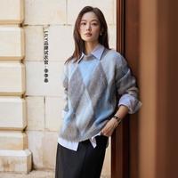 LILY 【2025秋季】含绵羊毛学院风撞色菱格圆领宽松休闲针织衫毛衣女