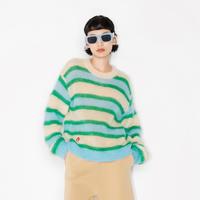 玛丝菲尔素 撞色条纹马海毛短圆领毛衣毛针织衫女
