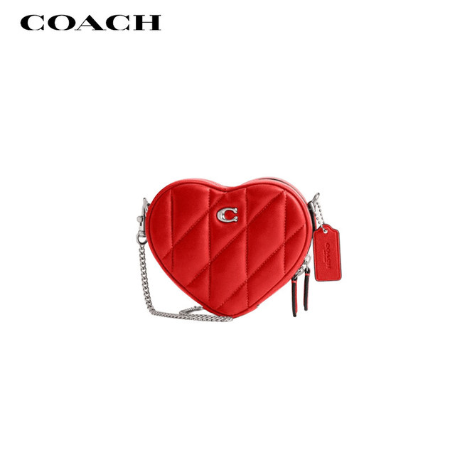 COACH 蔻驰 女士HEART14号条纹绗缝爱心斜挎手拿包运动红色CE766