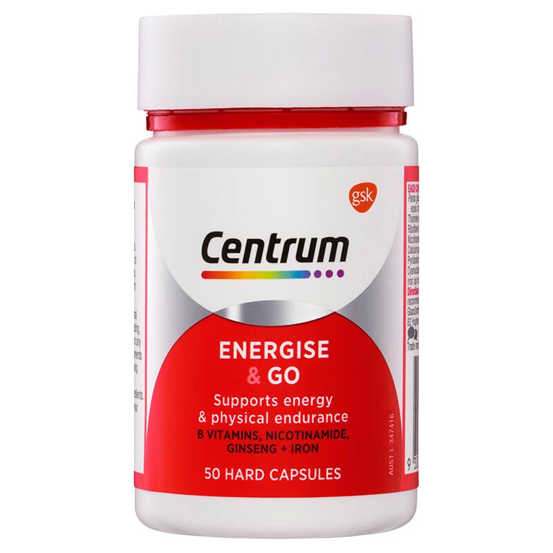 Centrum 善存 海外 成人焕能人参B族精华粉胶囊 含6大B族维生素 人参提取物 铁元素 小红瓶50粒/瓶