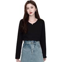Baleno 班尼路 中长款纯棉柔软纯色V领打底衫冬季女式长袖T恤遮屁股舒适卫衣