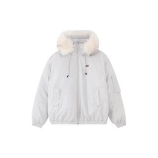 F426 冬季保暖加厚大毛领工装派克连帽羽绒服 白灰色 S