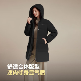 波司登 冬季羽绒服女款中长款连帽加厚90绒宽松圆领外套B250245124 黑色